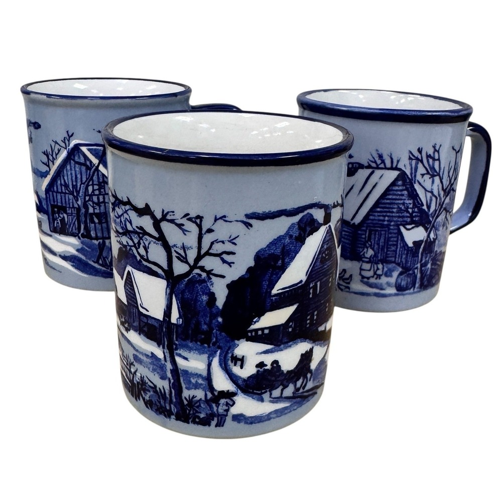 Vintage Blue and White Winter Cabin Scene Ceramic Coffee Mug Set of 3 Japan